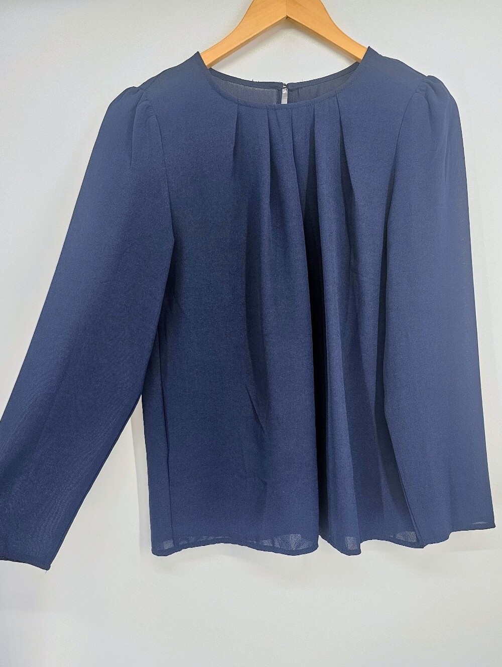Navy Blue Pleated Long Sleeve Blouse Women's Medium Office Career Top